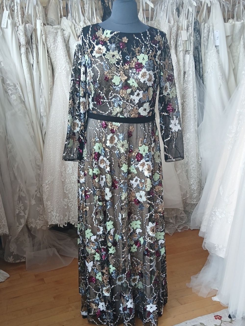 Black Floral Sequin Evening Dress
